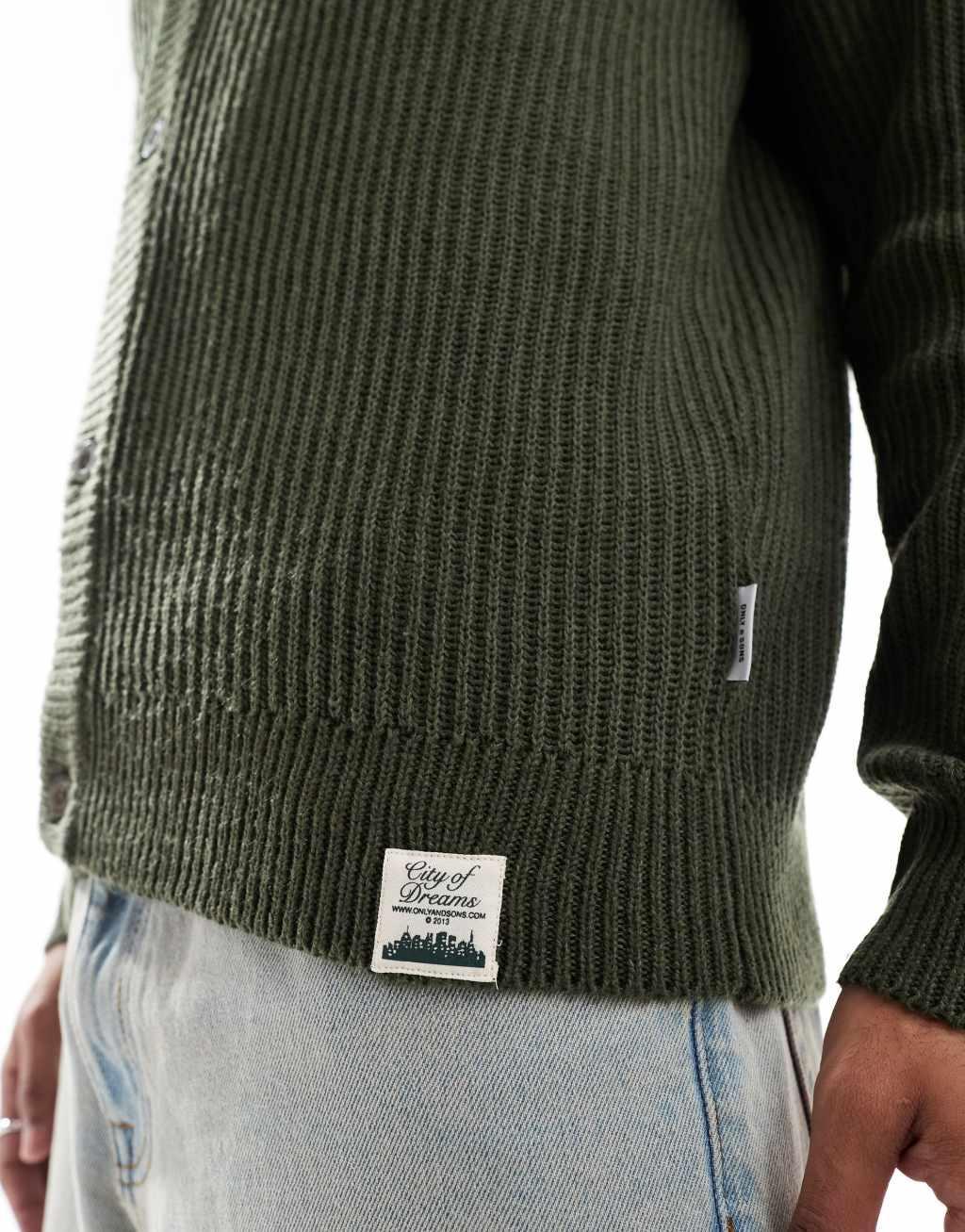 ONLY & SONS rib knit cardigan in green Product Image