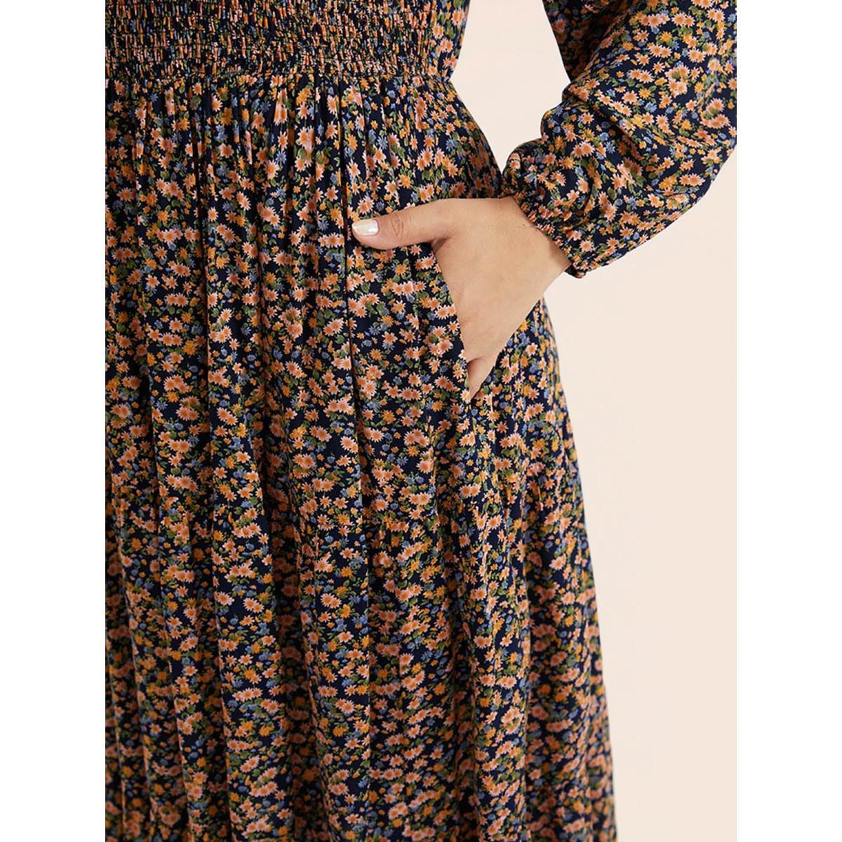 Plus Size Ditsy Floral Shirred Pocket Pleated Frill Trim Dress Indigo Women Elegant Elastic cuffs Round Neck Long Sleeve Curvy Midi Dress BloomChic 10/M Product Image
