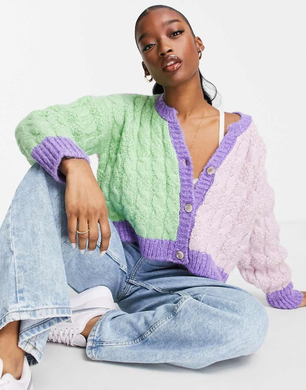 Topshop knit ribbed color block cardi in multi Product Image