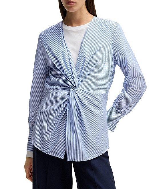 BOSS By Hugo Boss Woven Stripe Print V-Neck Twist Front Long Sleeve Shirt Product Image