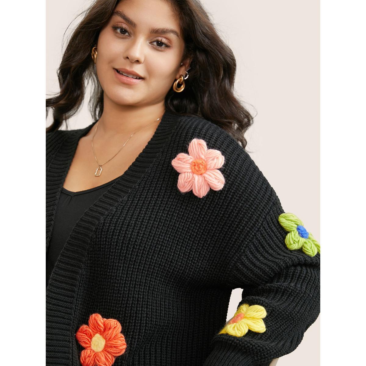 Plus Size Rainbow Floral Pocket Open Front Cardigan Black Women Casual Long Sleeve Everyday Cardigans BloomChic 10/M Product Image