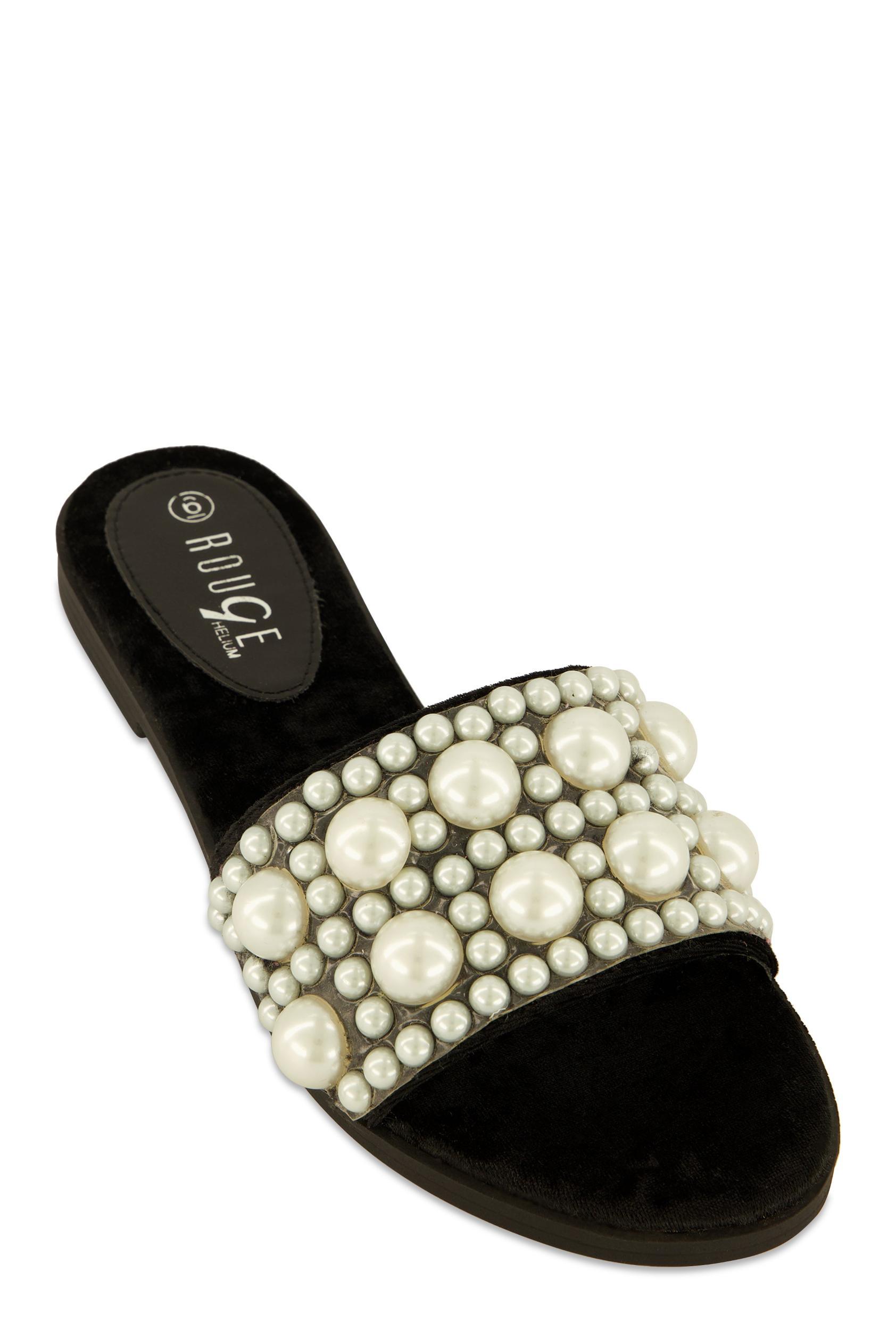 Womens Velvet Faux Pearl Band Slide Sandals Product Image
