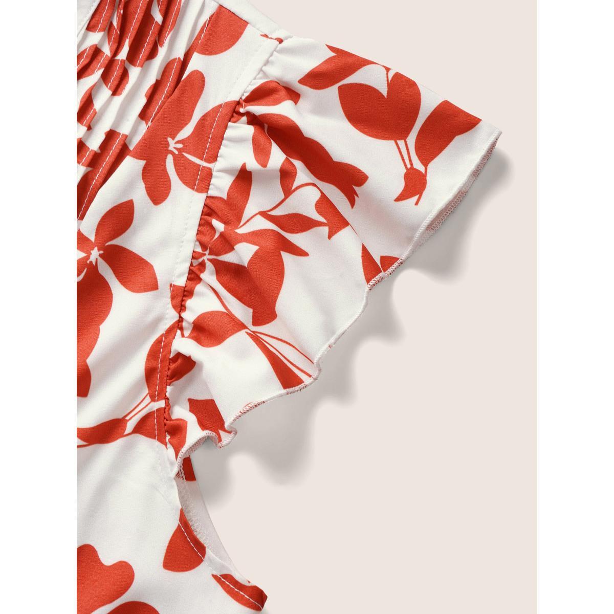 Plus Size OrangeRed Silhouette Floral Print Notched Collar Pleated Blouse Women Resort Cap Sleeve Notched collar Vacation Blouses BloomChic 28/5X Product Image