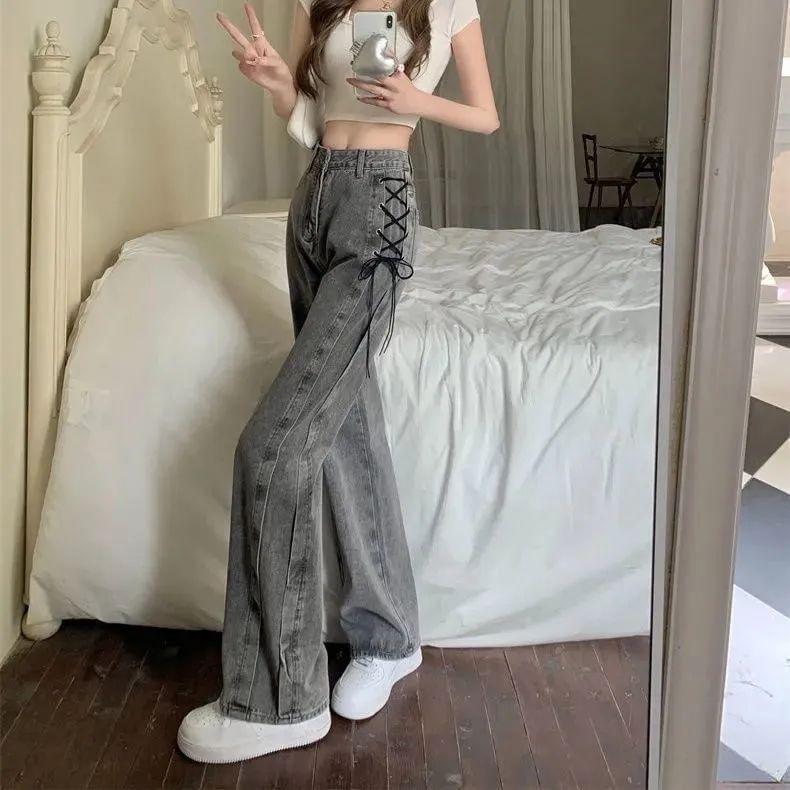 High Waist Lace-Up Wide Leg Jeans Product Image