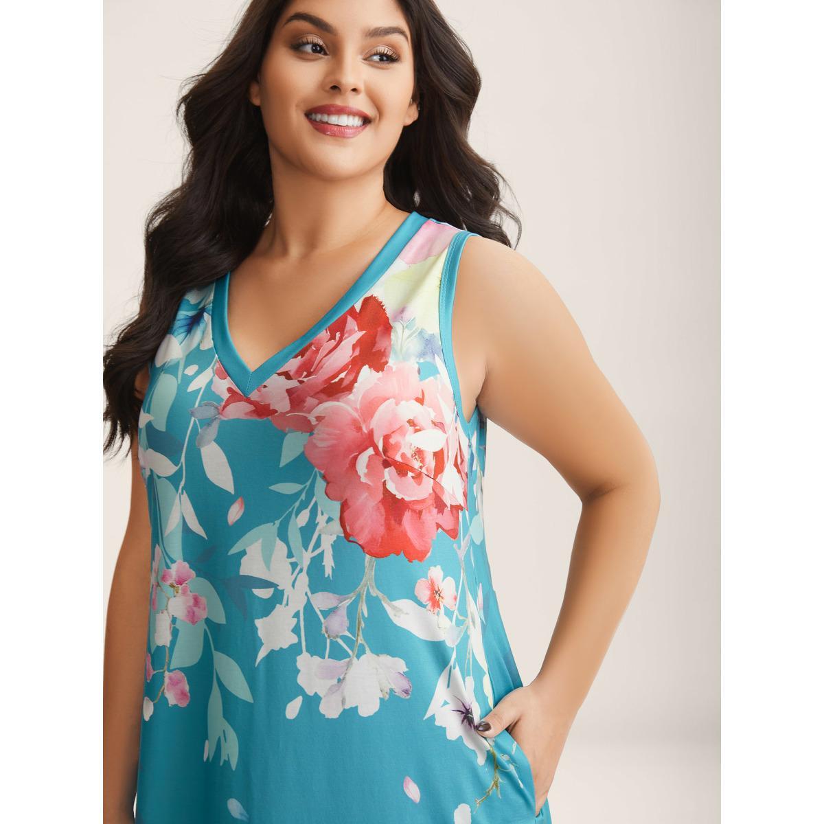 Plus Size Stretchy Breezy Floral A-Line Midi Dress Emerald Women Knit Dresses Bloomchic 28/5X Product Image