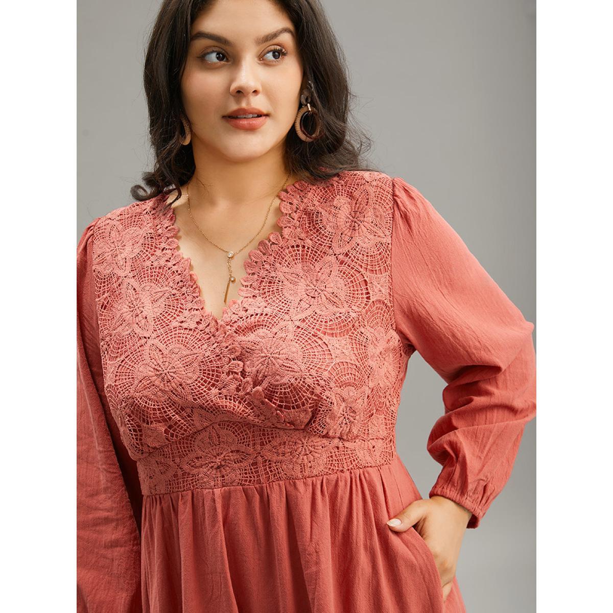 Plus Size Solid Lace Panel Wrap Patchwork Dress Rust Women Vacation Elastic cuffs V-neck Long Sleeve Curvy Midi Dress BloomChic 22-24/3X Product Image