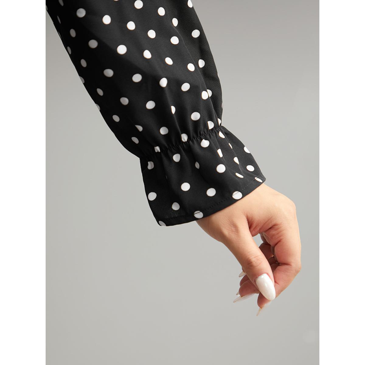 Plus Size Black Polka Dot Lace Up Shirred Flutters Blouse Women Office Long Sleeve V-neck Work Blouses BloomChic 26/4X Product Image