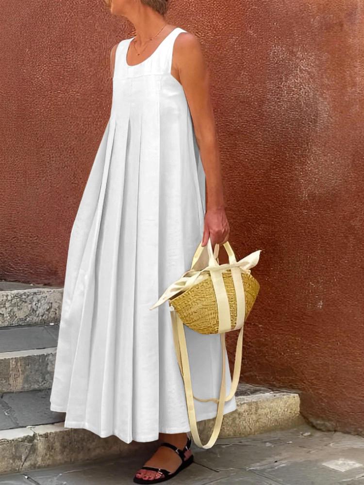 Loose Sleeveless Pleated Solid Color Round-Neck Maxi Dresses Product Image