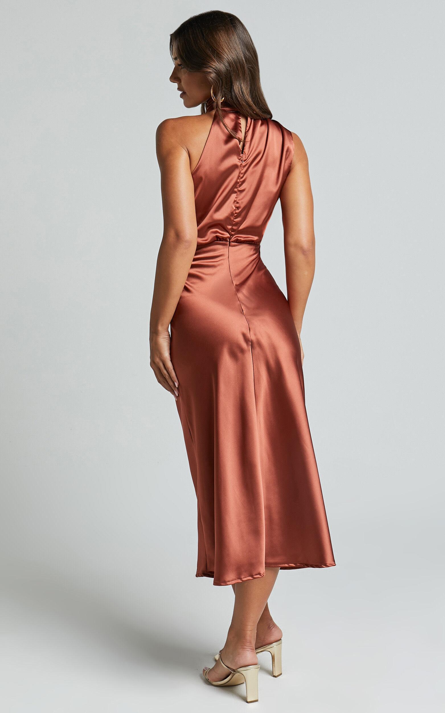 Minnie Midi Dress - Drape Neck Satin Slip Dress in Copper Product Image