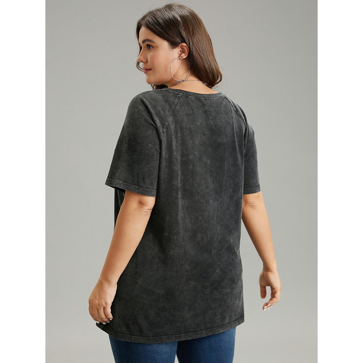 Plus Size Vintage Letter Print Round Neck Raglan Sleeve T-shirt Black Women Casual Printed Positive slogan Festival-Christmas T-shirts BloomChic 12/L Product Image