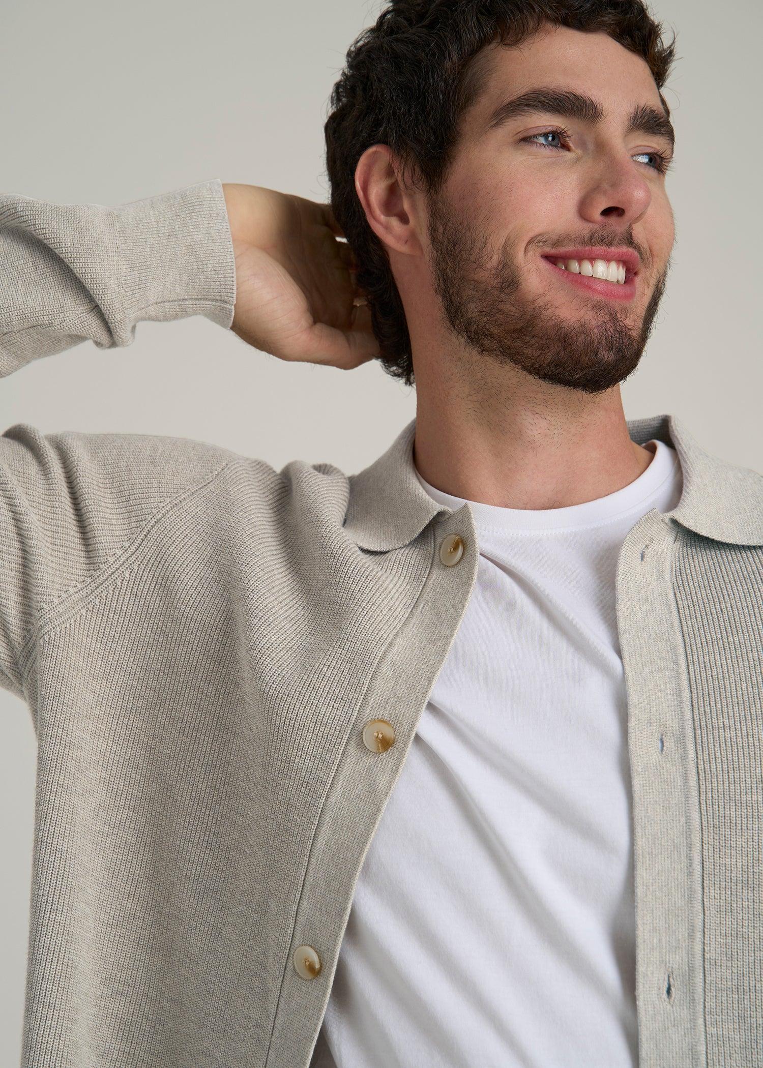 Sweater Polo Cardigan for Tall Men in Cream Beige Male Product Image