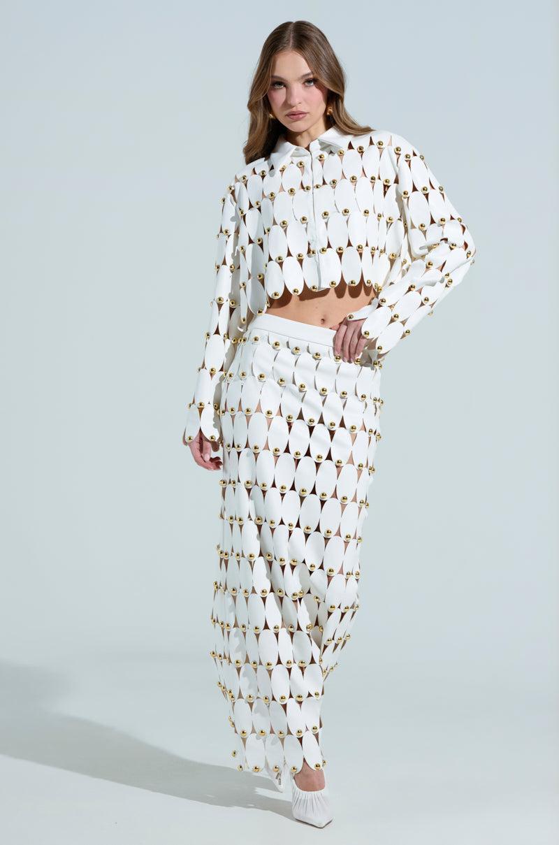 THE SNEAK PEEK STUDDED PU MIDI SKIRT IN WHITE Product Image