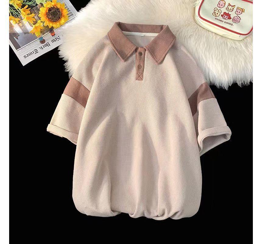 Set: Short-Sleeve Two Tone Panel Polo Shirt + Drawstring Waist Sweat Shorts Product Image