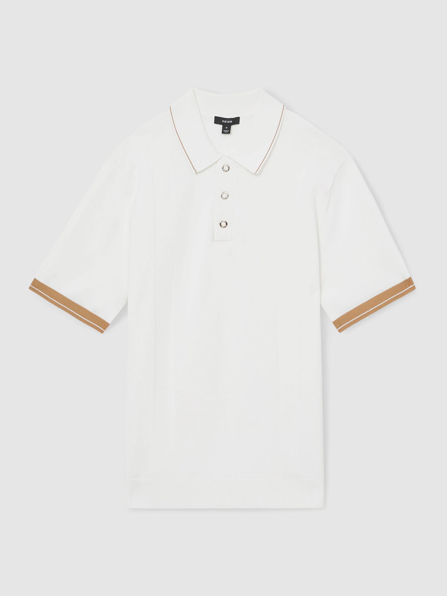 Tipped Knit Polo Shirt in White/Camel Product Image