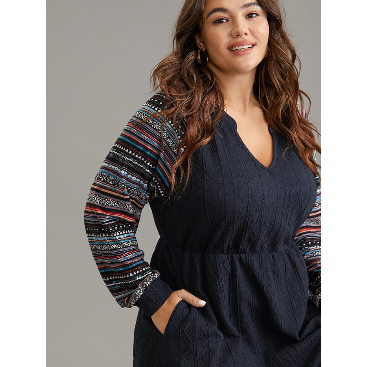 Plus Size Bandana Patchwork Elastic Waist Notched Dress Navy Women Casual Printed Notched collar Long Sleeve Curvy Midi Dress BloomChic 10/M Product Image