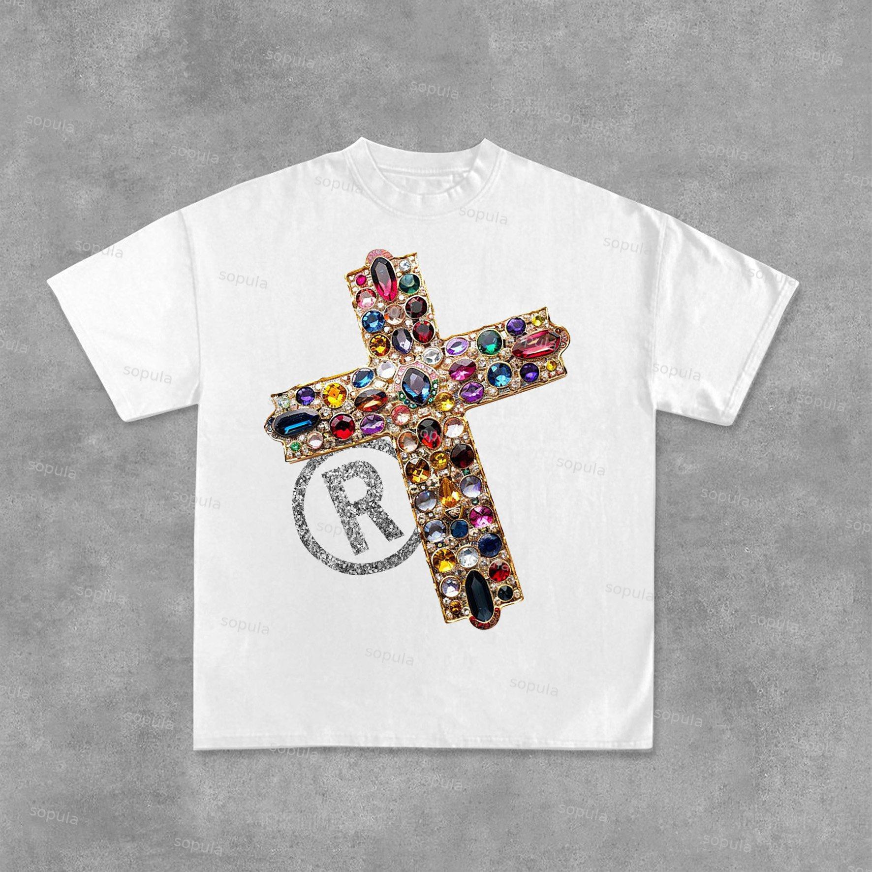 Vintage Diamond Cross Graphic Print Casual Cotton T-Shirt Product Image