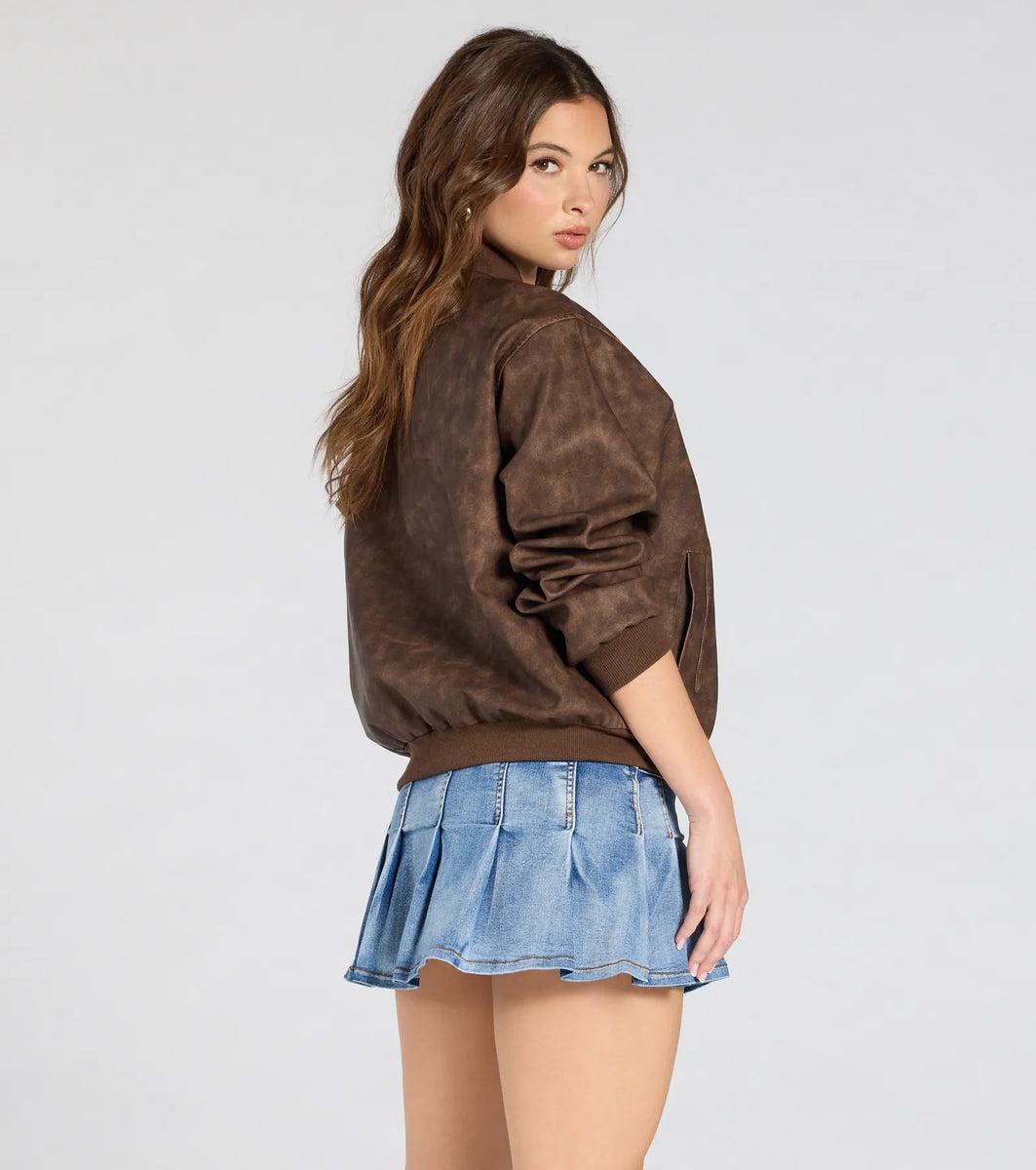 Edgy Cutie Distressed Faux Leather Bomber Jacket Product Image