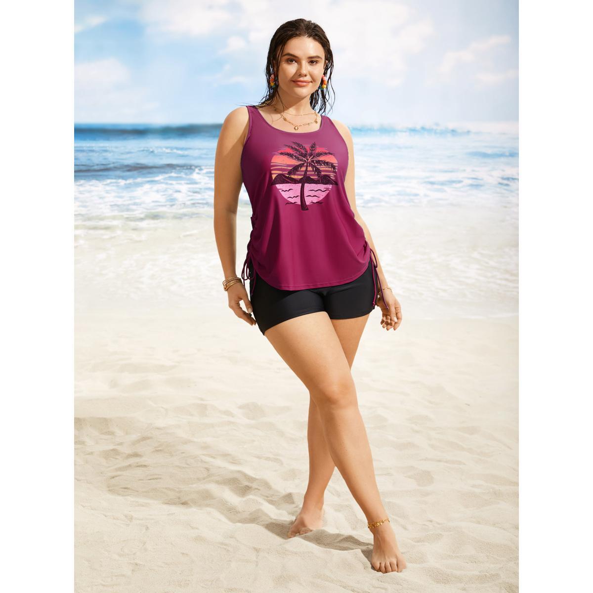 Plus Size Island Print Drawstring Adjustable Swim Top Women's Swimwear Rosered Beach Contrast High stretch Loose U-neck Curve Swim Tops BloomChic 12/L Product Image
