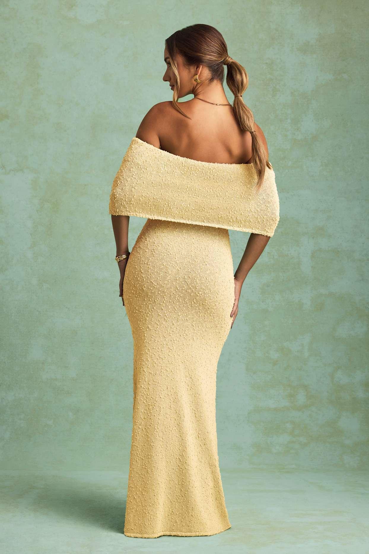 Bouclé Off-Shoulder Maxi Dress in Yellow Product Image