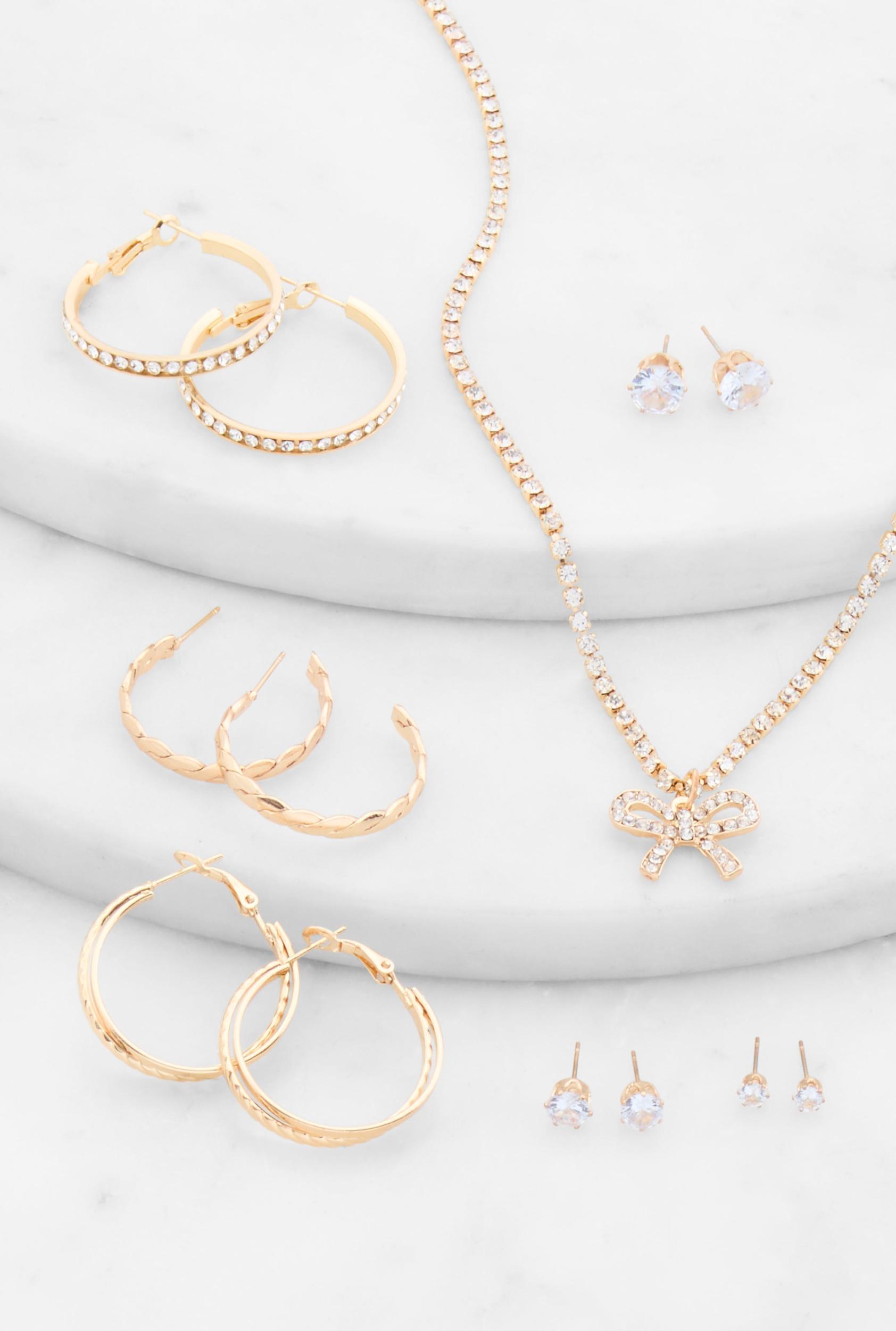 Cubic Zirconia Bow Necklace with Hoop and Stud Earrings Female Product Image
