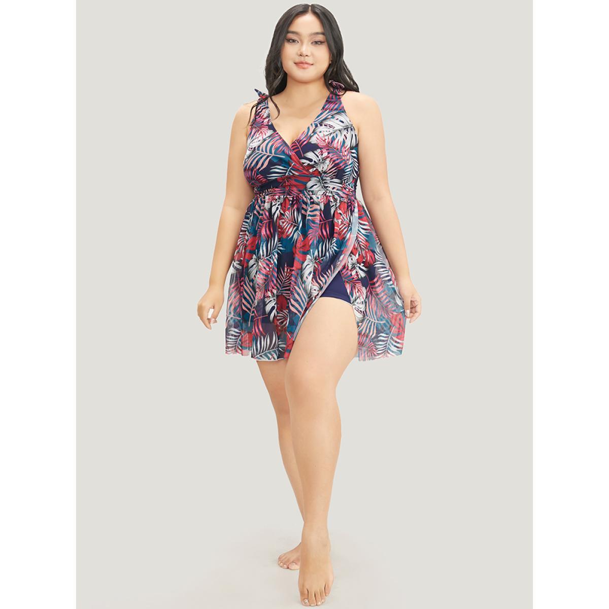 Plus Size Tropical Print Bow Sculpt Waist Split Swim Dress Women's Swimwear Red Vacation Bodycon V-neck High stretch Curve Swim Dresses BloomChic 10/M Product Image