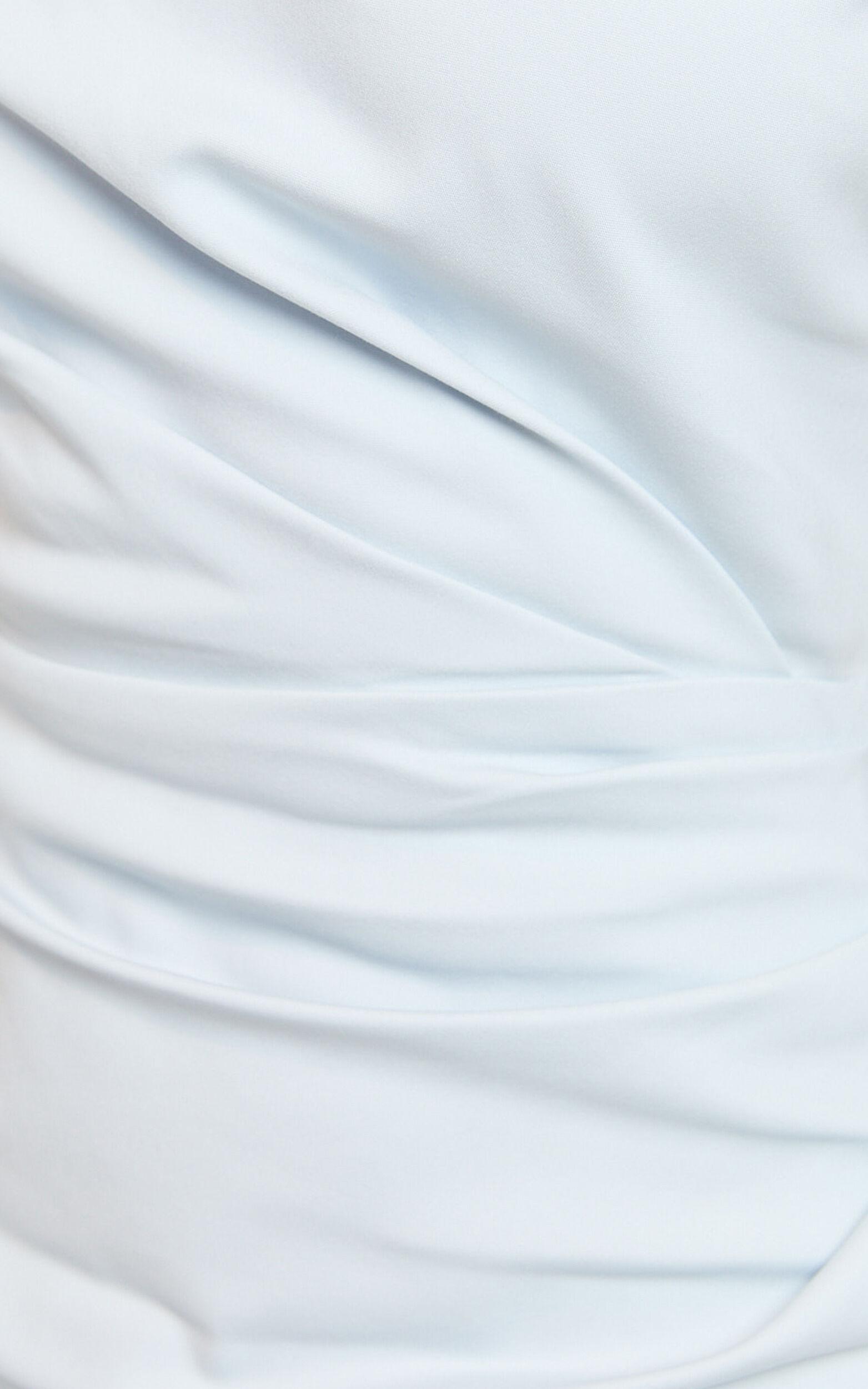 Alexandria Midi Dress - Tip Shoulder Draped Fitted Dress in Blue Product Image