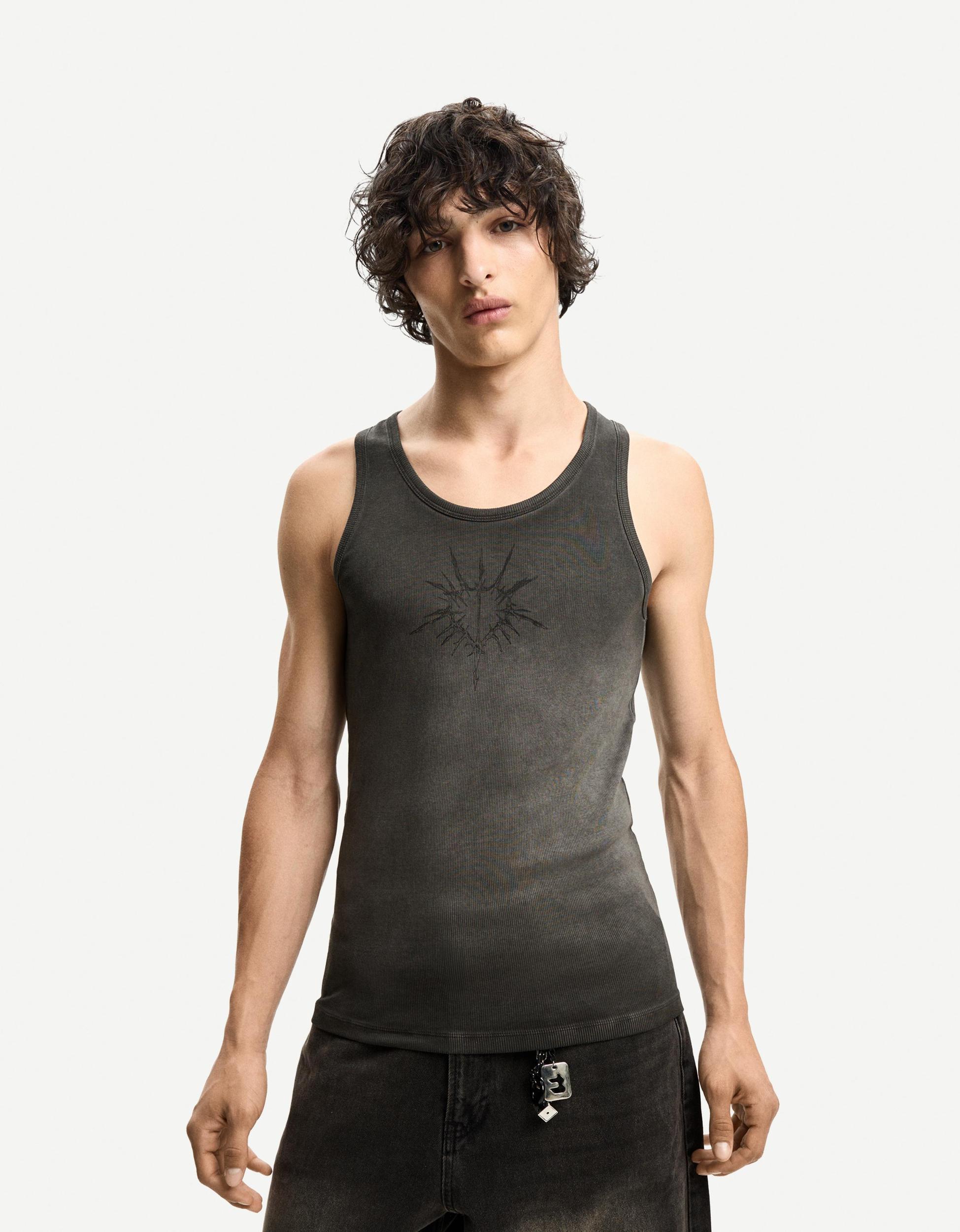 Ribbed printed T-shirt with straps Product Image