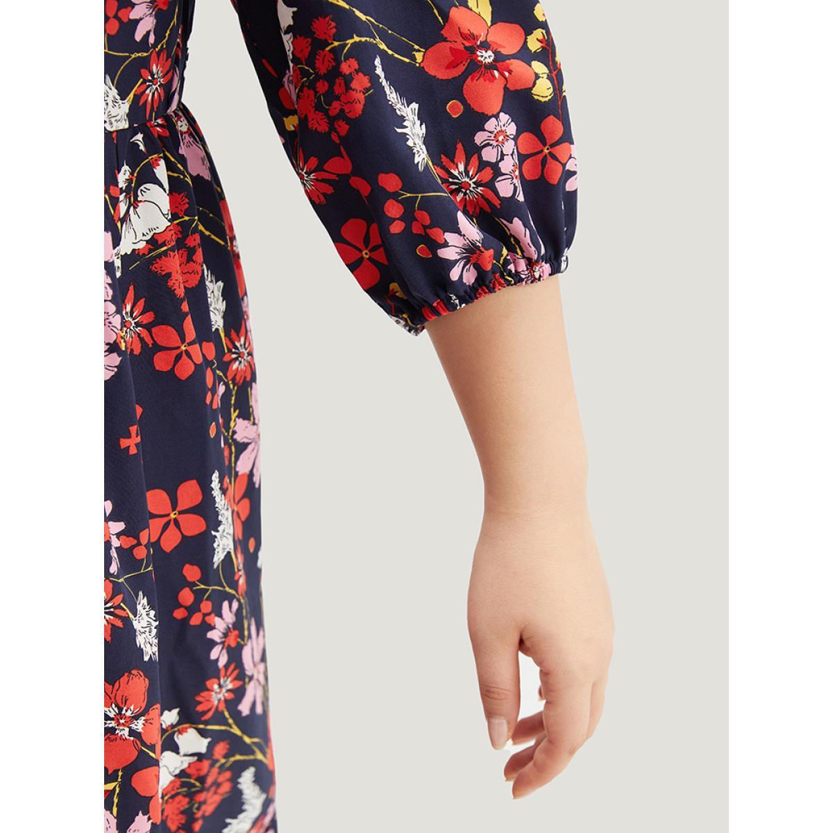 Plus Size Floral Print Shirt Collar Ruffled Hem Dress DarkBlue Women Elegant Elastic cuffs Shirt collar Elbow-length sleeve Curvy Midi Dress BloomChic 22-24/3X Product Image