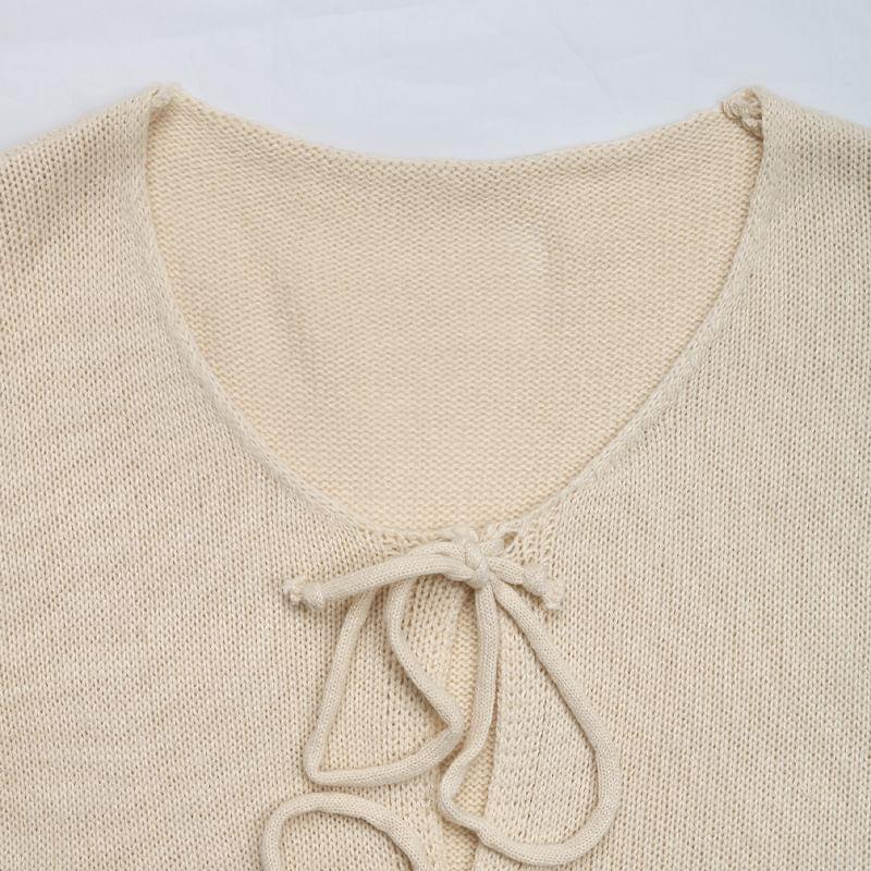 Scoop Neck Plain Bowknot Detail Cardigan Product Image