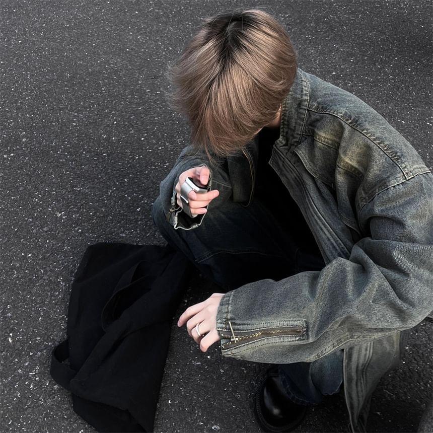Washed Zip Denim Jacket Product Image