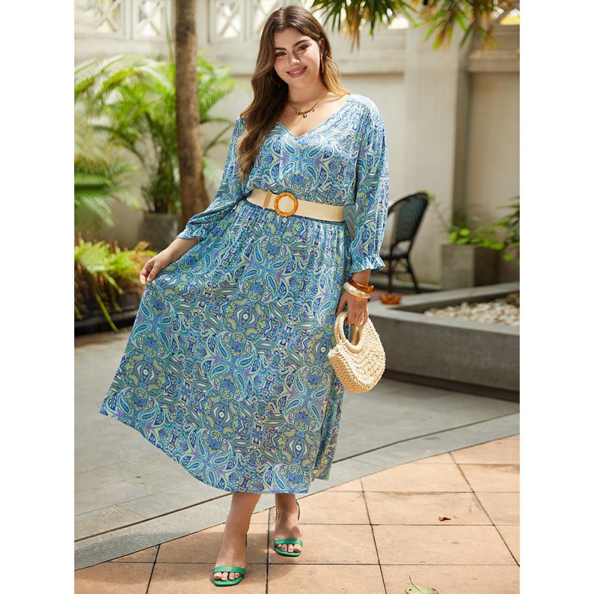Plus Size Paisley Print Shirred Flutter Trim Dress Blue Women Resort Elastic cuffs V-neck Long Sleeve Curvy Midi Dress BloomChic 10/M Product Image