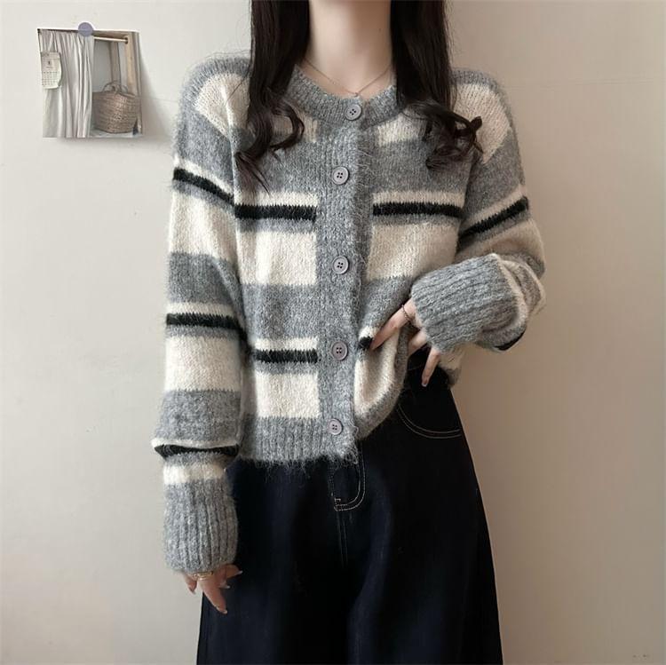 Round Neck Striped Cardigan Product Image