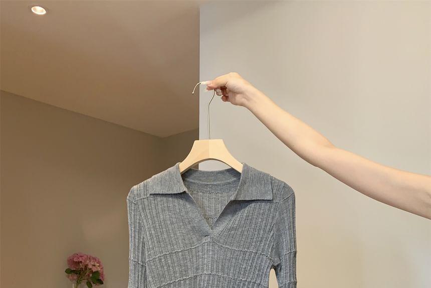 Long Sleeve Open Placket Plain Ribbed Knit Polo Top Product Image