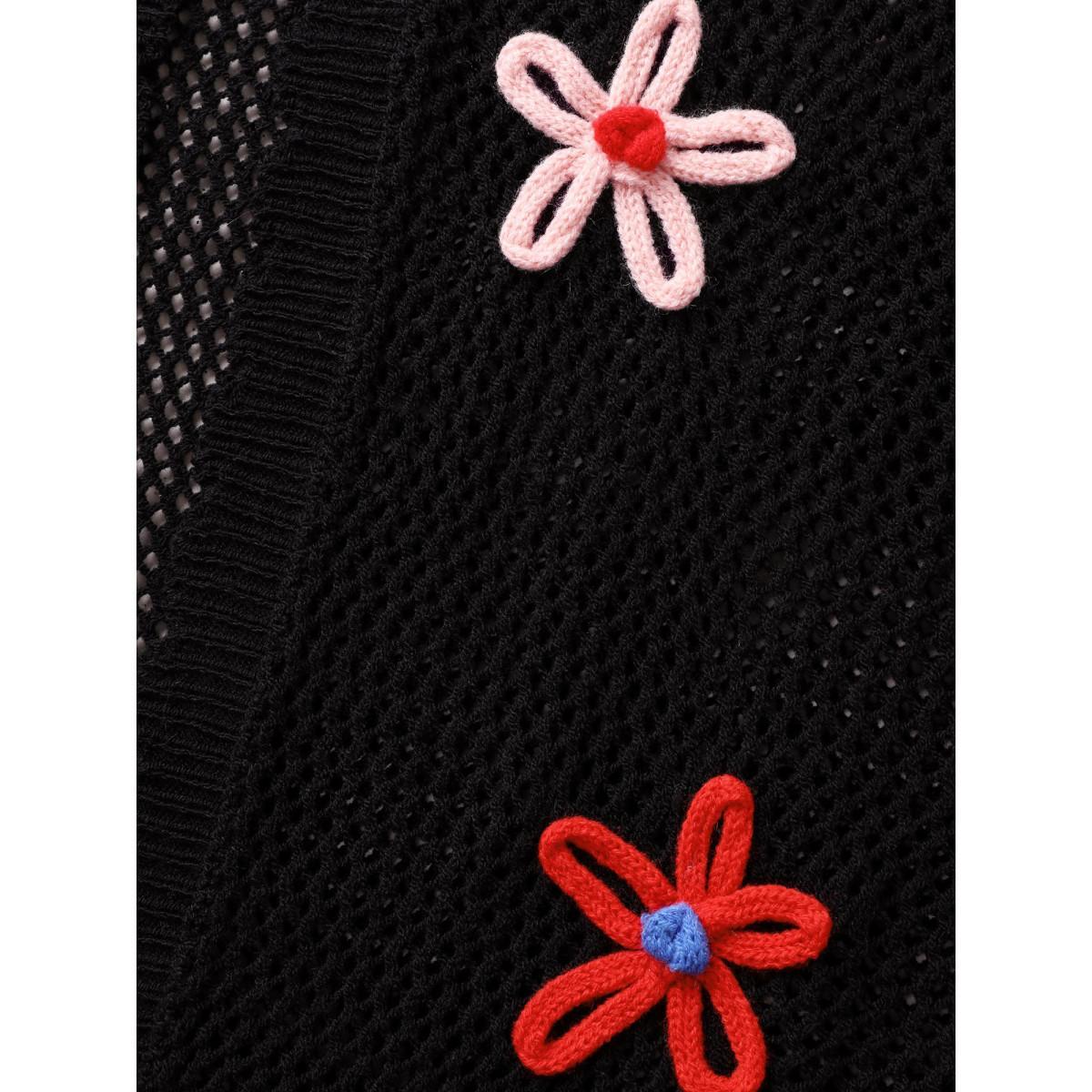 Plus Size Knit Floral Front Tie Cardigan Black Women Casual Loose Long Sleeve Everyday Cardigans BloomChic 12/L Product Image