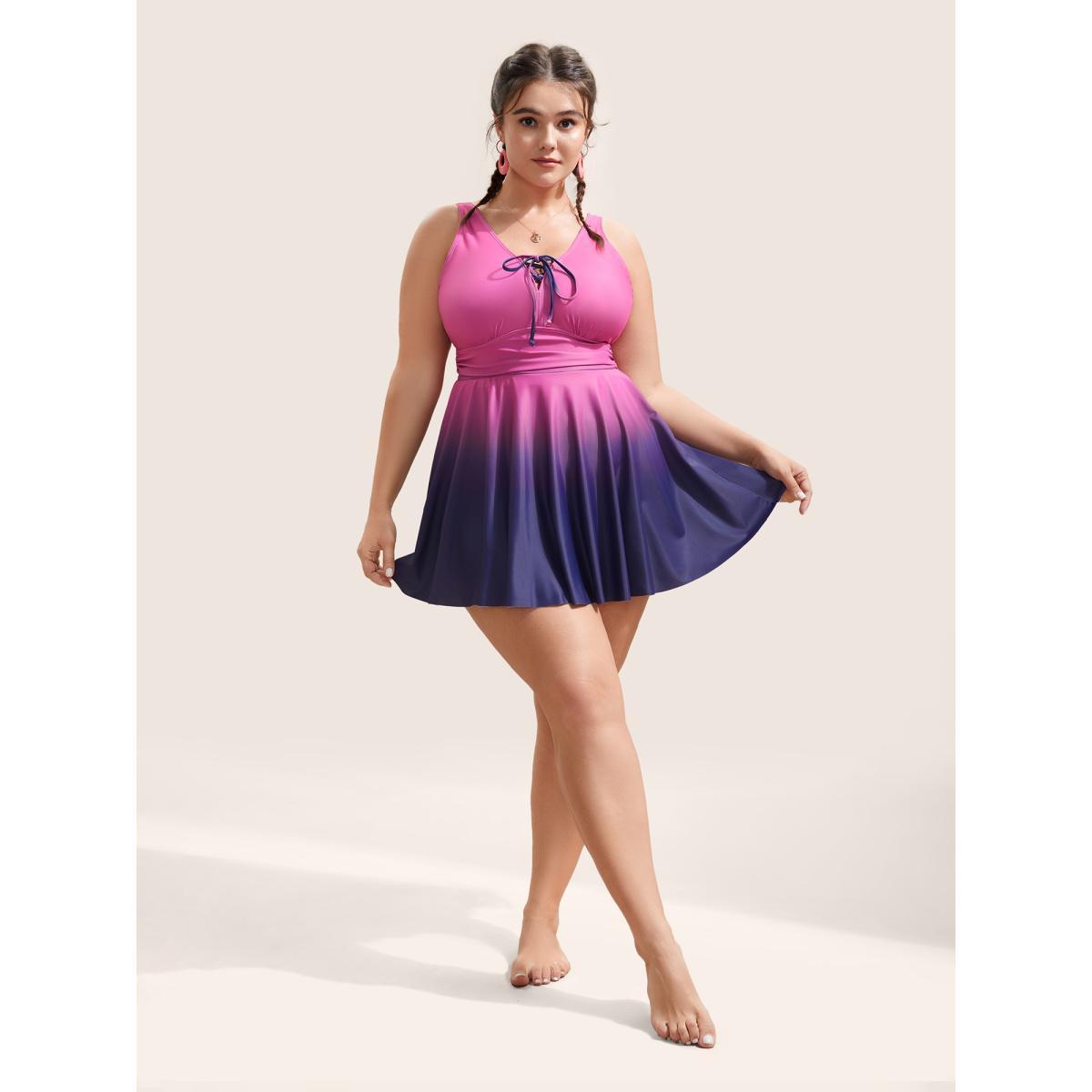 Plus Size Ombre Contrast Ruched Lace Up Swim Dress Women's Swimwear RedViolet Beach Bodycon V-neck High stretch Curve Swim Dresses BloomChic 22-24/3X Product Image