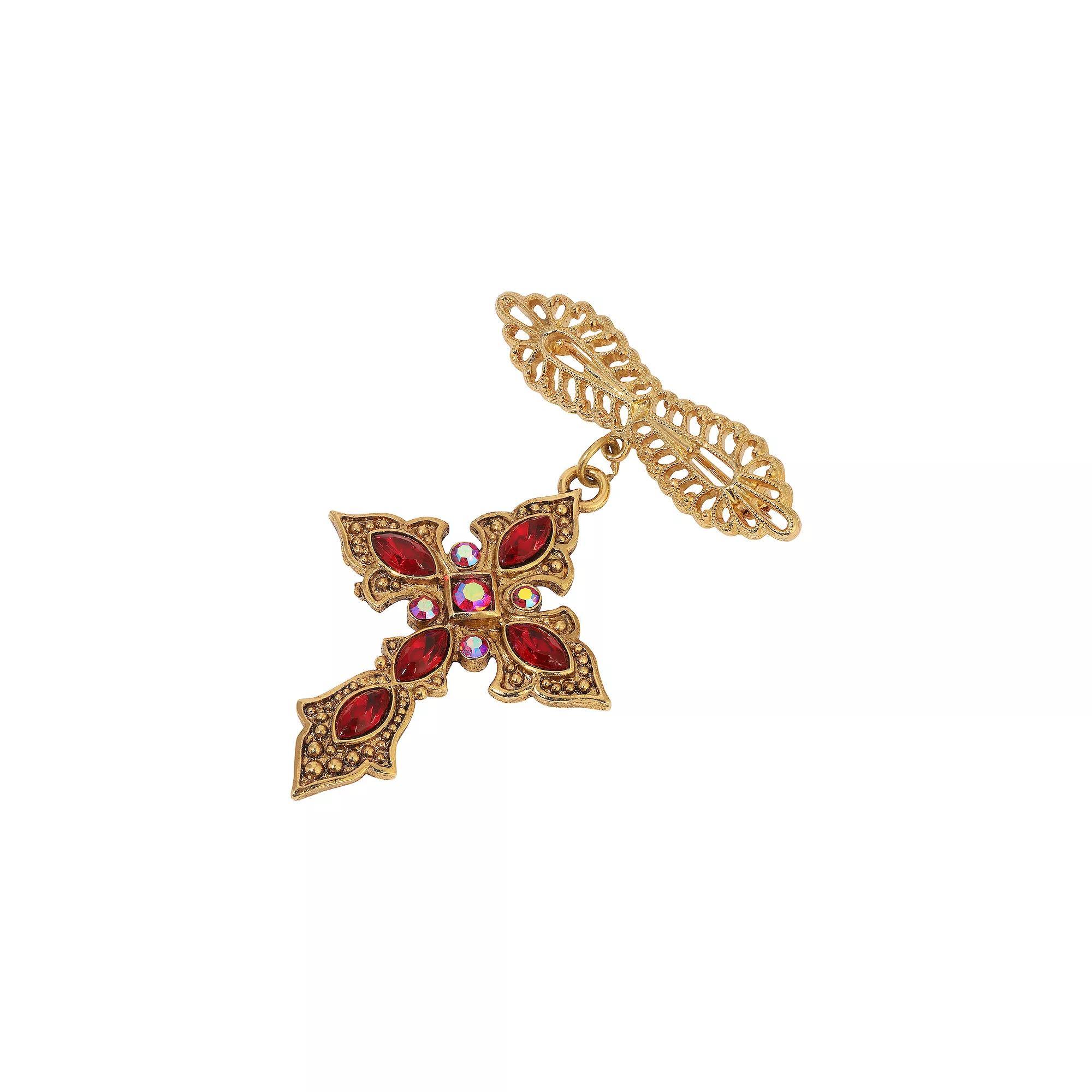Symbols of Faith Gold Tone Red Crystal Cross Pin, Womens Product Image