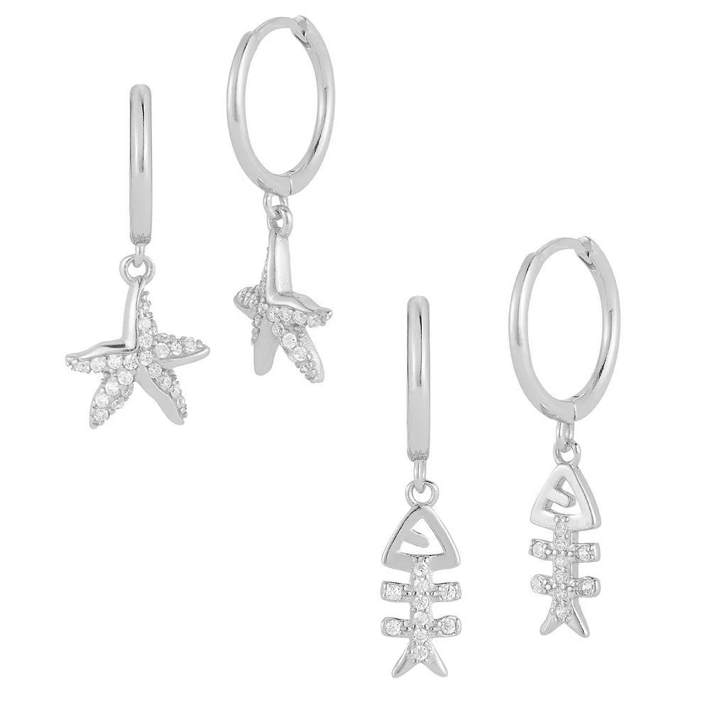 Sunkissed Sterling Cubic Zirconia Nautical Charm Huggie Hoop Earring Set, Women's, Silver Tone Product Image