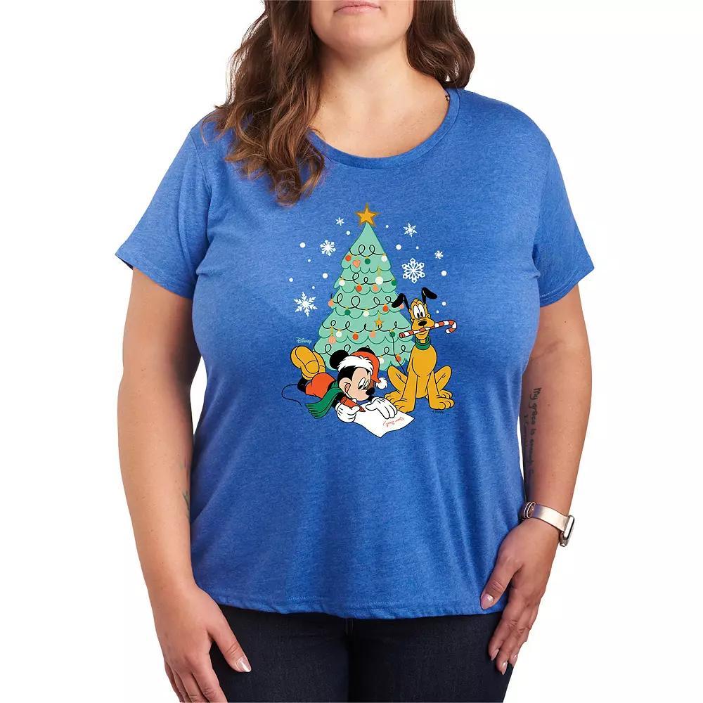 Disneys Mickey Mouse & Pluto Plus Size Christmas Tree Graphic Tee, Womens Grey Royal Blue Product Image
