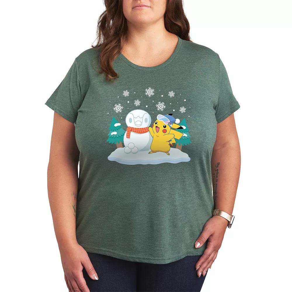 Plus Pokemon Pikachu Piplup Snowman Graphic Tee, Womens Grey Green Product Image