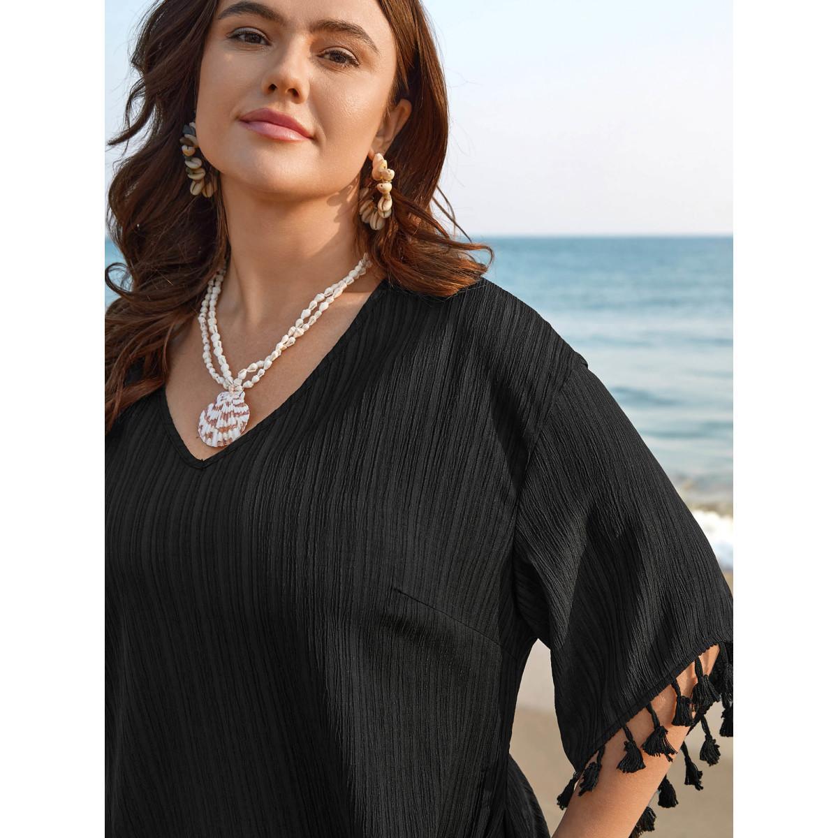 Plus Size V-Neck Cut-Out Tassels Spliced Midi Dress Black Women Resort Woven ribbon&lace trim V-neck Elbow-length sleeve Curvy BloomChic 14-16/1X Product Image