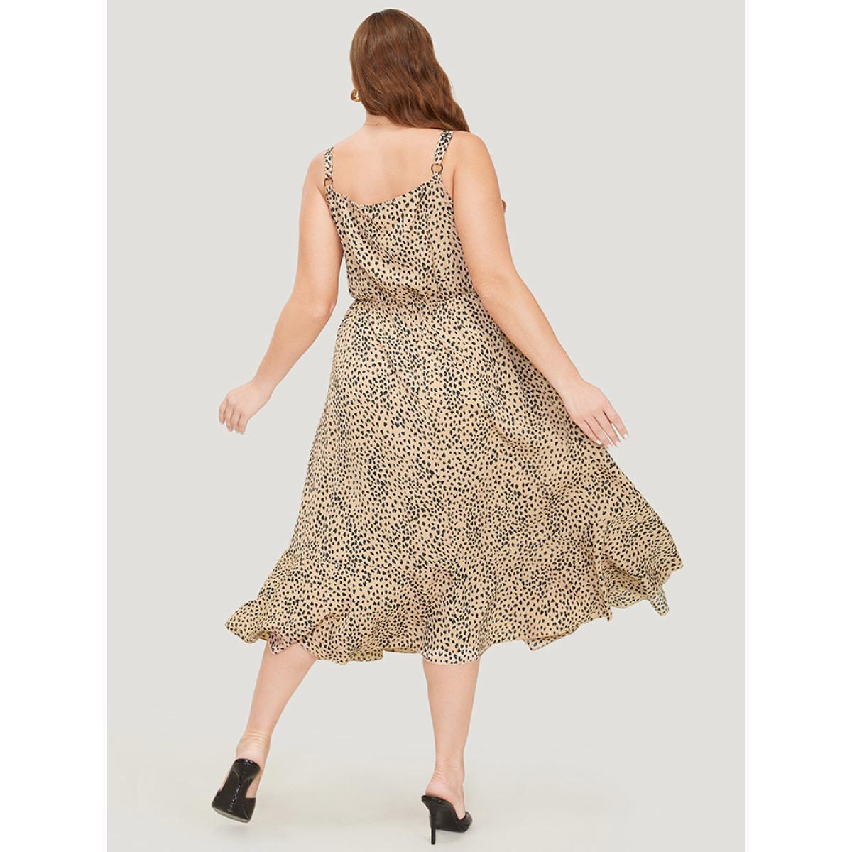 Plus Size Leopard Print Flutter Hem Pocket Adjustable Straps Cami Dress Multicolor Women Elegant Adjustable Straps V-neck Sleeveless Curvy Midi Dress BloomChic 30/6X Product Image