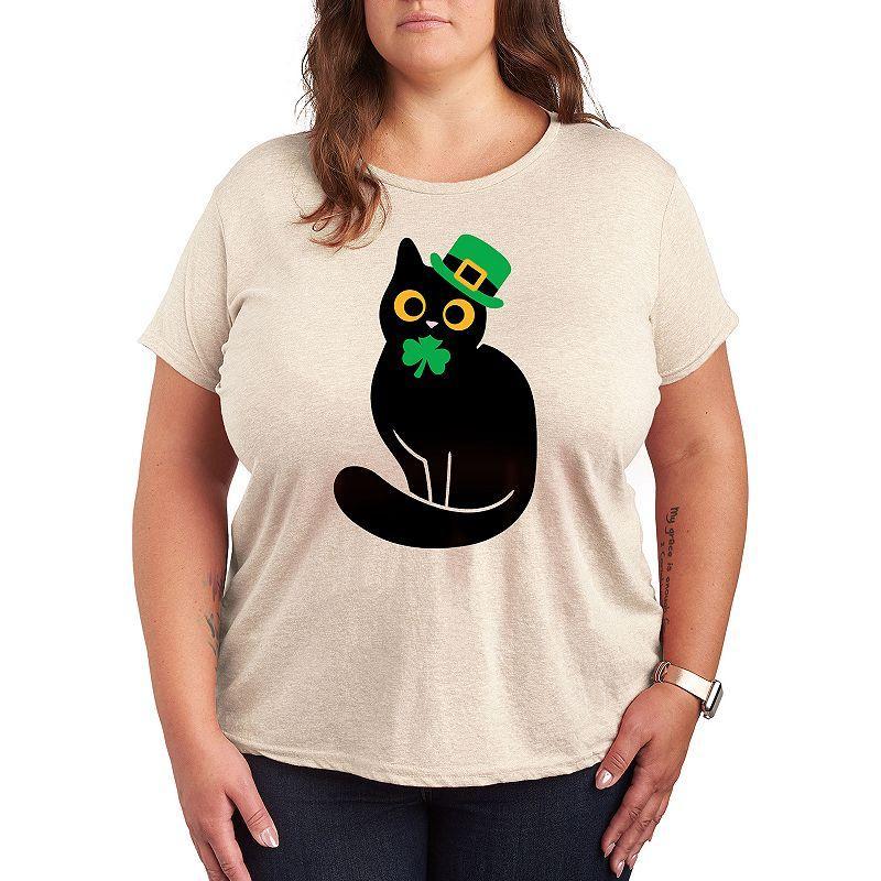Plus Black Cat Holding Clover Graphic Tee, Womens Grey Gray Product Image