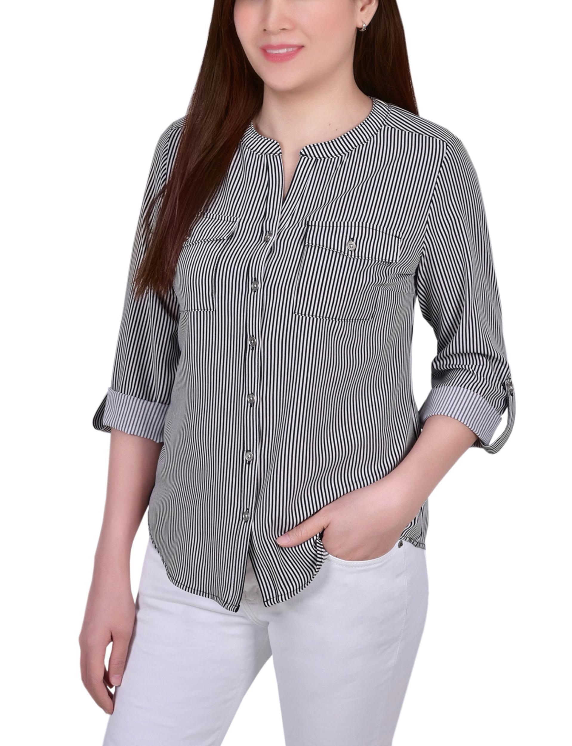 Black White Torterella 3/4 Roll Tab Sleeve Mandarin Collar Blouse - Petite Product Image