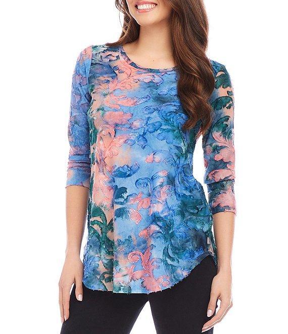 Karen Kane Burnout Tie Dye Print Boat Neck 3/4 Sleeve Shirttail Hem Knit Top Product Image