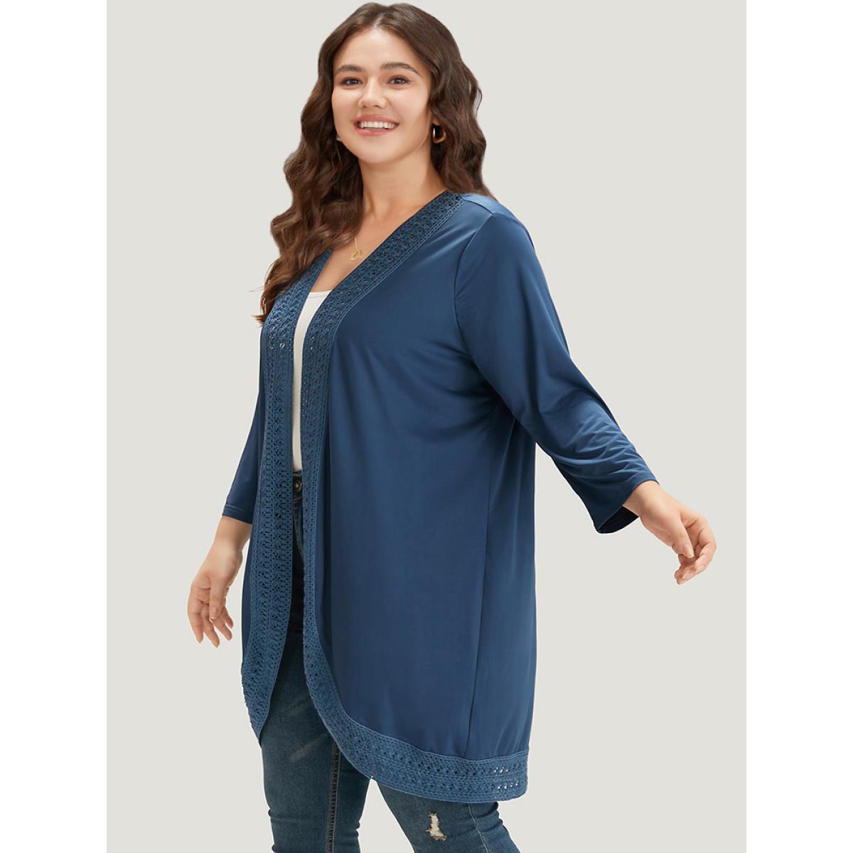 Plus Size Supersoft Essentials Plain Lace Patchwork Open Front Kimono Women DarkBlue Casual Plain Dailywear Kimonos BloomChic 22-24/3X Product Image