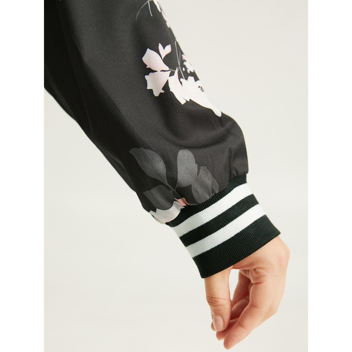 Plus Size Floral Contrast Trim O Ring Zipper Jacket Women Black Elastic cuffs Dailywear Jackets BloomChic 14-16/1X Product Image