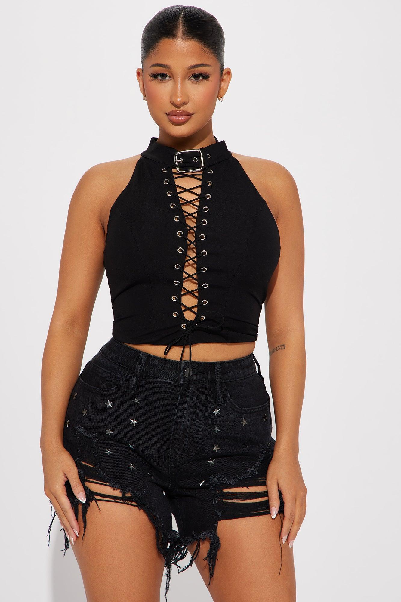 On Your Radar Lace Up Top - Black Product Image