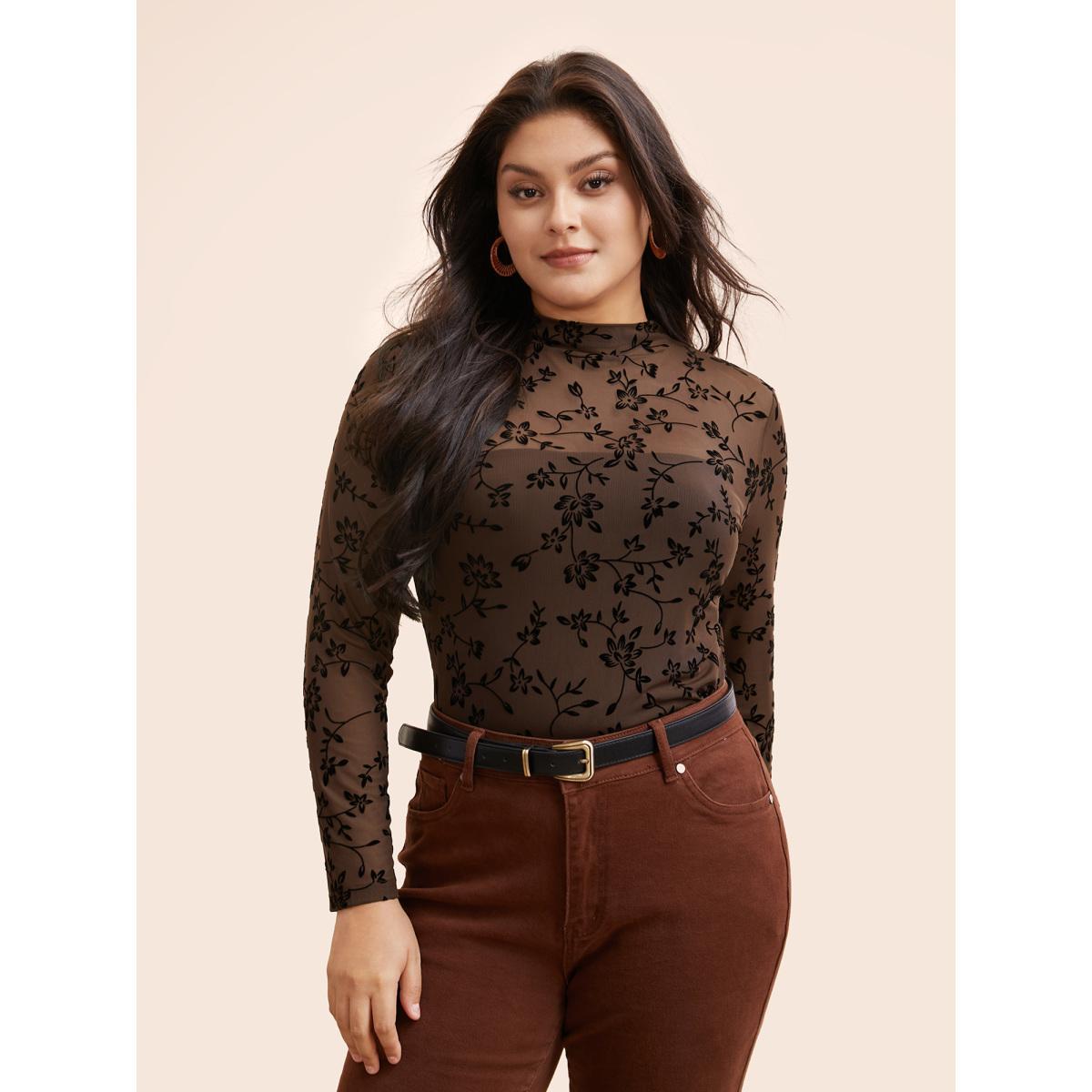Plus Size Floral Flocking Mesh Mock Neck T-shirt DarkBrown Women Elegant See through Stand-up collar Skinny Everyday T-shirts BloomChic 28/5X Product Image