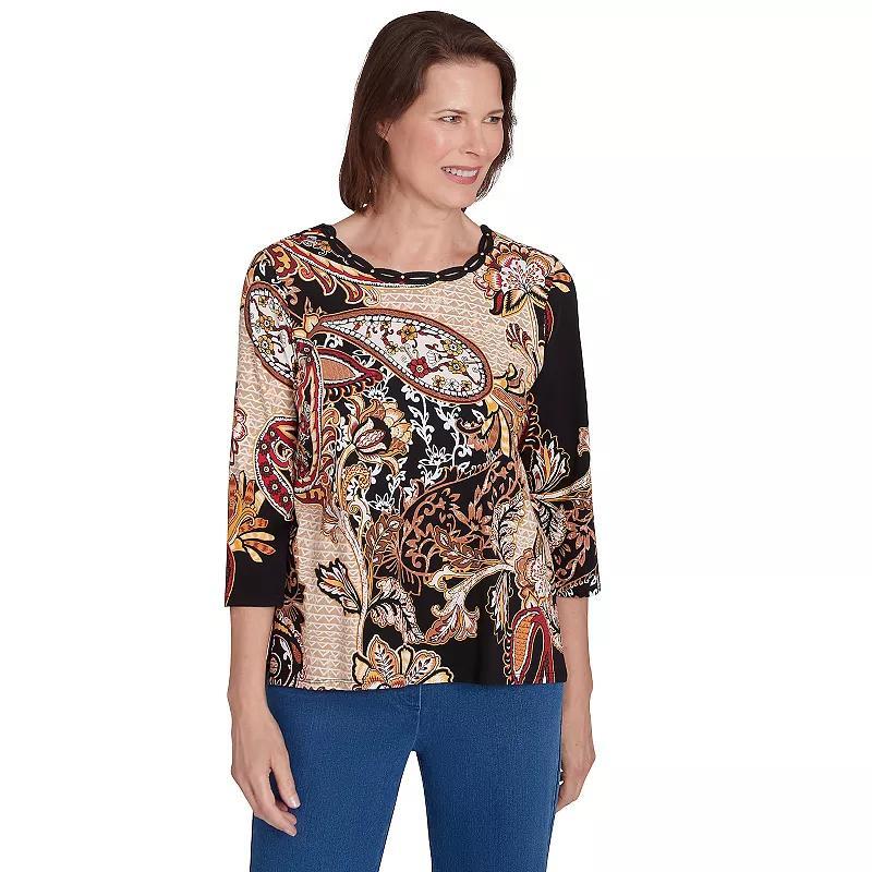 Petite Alfred Dunner Braided Neck Paisley Tee, Women's, Size: Medium Petite, Black Product Image