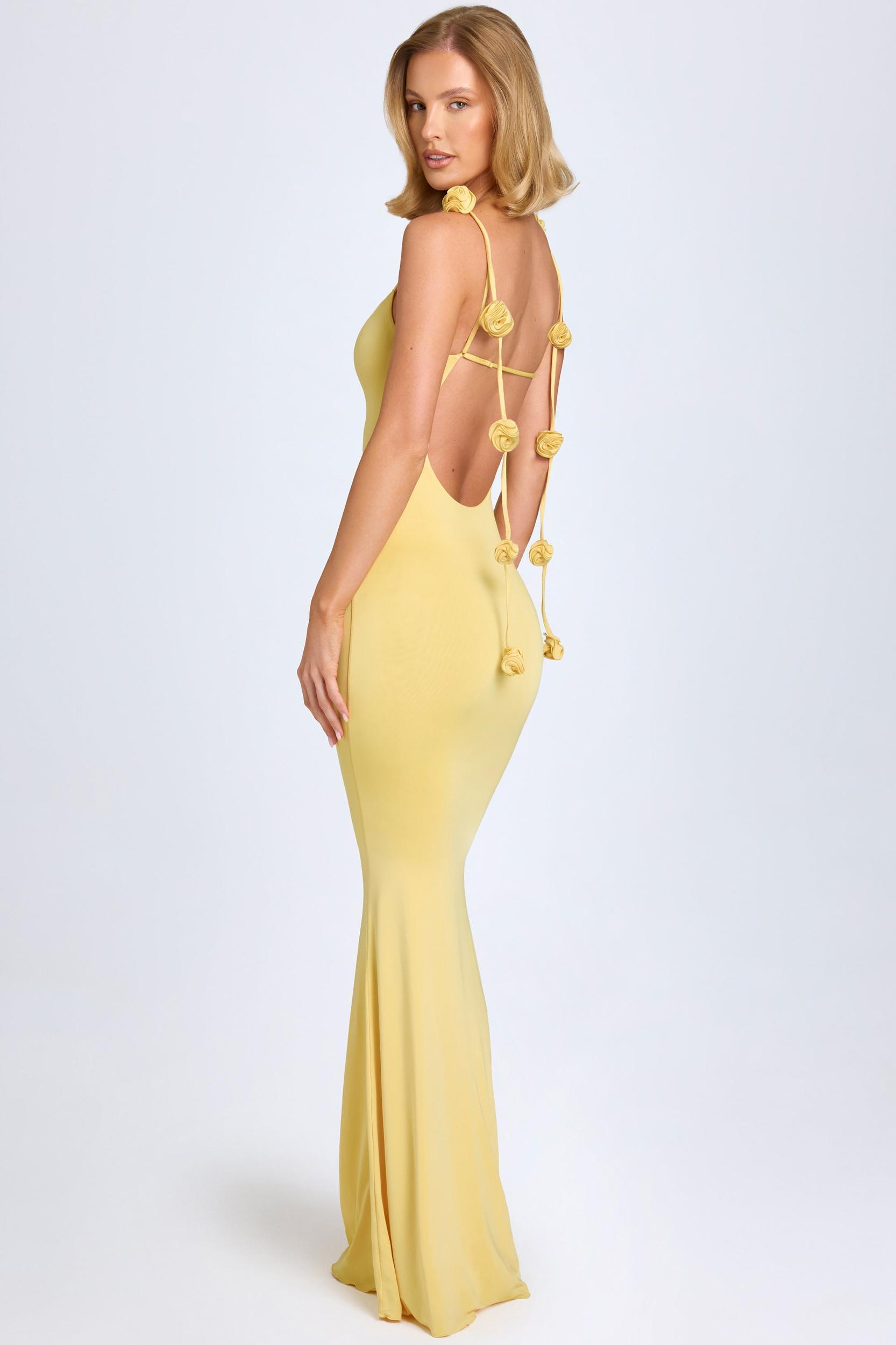 Slinky Jersey Floral-Appliqué Gown in Pastel Yellow Product Image